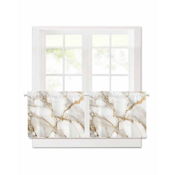 Abstract Short Blackout Curtains 36 Inch Long White Marble Pattern Gold Crack Texture Minimalism Rod Pocket Kitchen Curtains, 2 Panels Thermal Insulated Room Darkening Drapes for Bedroom, 42"W x 36"L