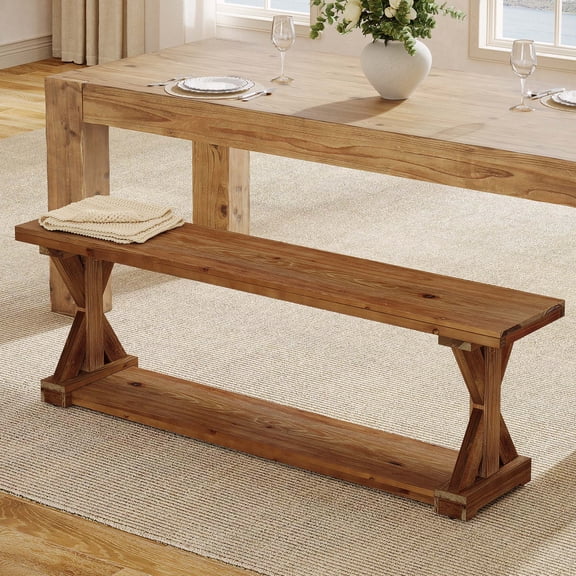 Finmind 2-Tier Solid Wood Dining Bench, 59 Inch Farmhouse Bench for Dining Table Seats 2-3, Wooden Storage Seat for Dinner Room, Kitchen, Living Room & Hallway, Brown