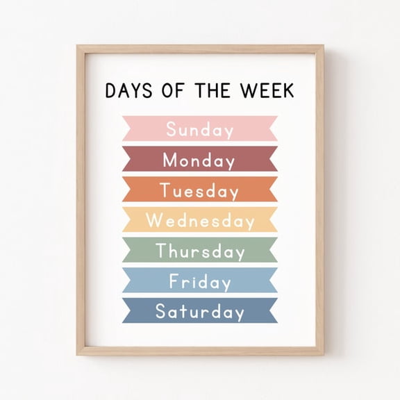 Days of the Week Printable Educational Posters Montessori Education Classroom Decor Homeschool Resources Kindergarten Preschool Printables, Unframed Paper Poster 8x10in