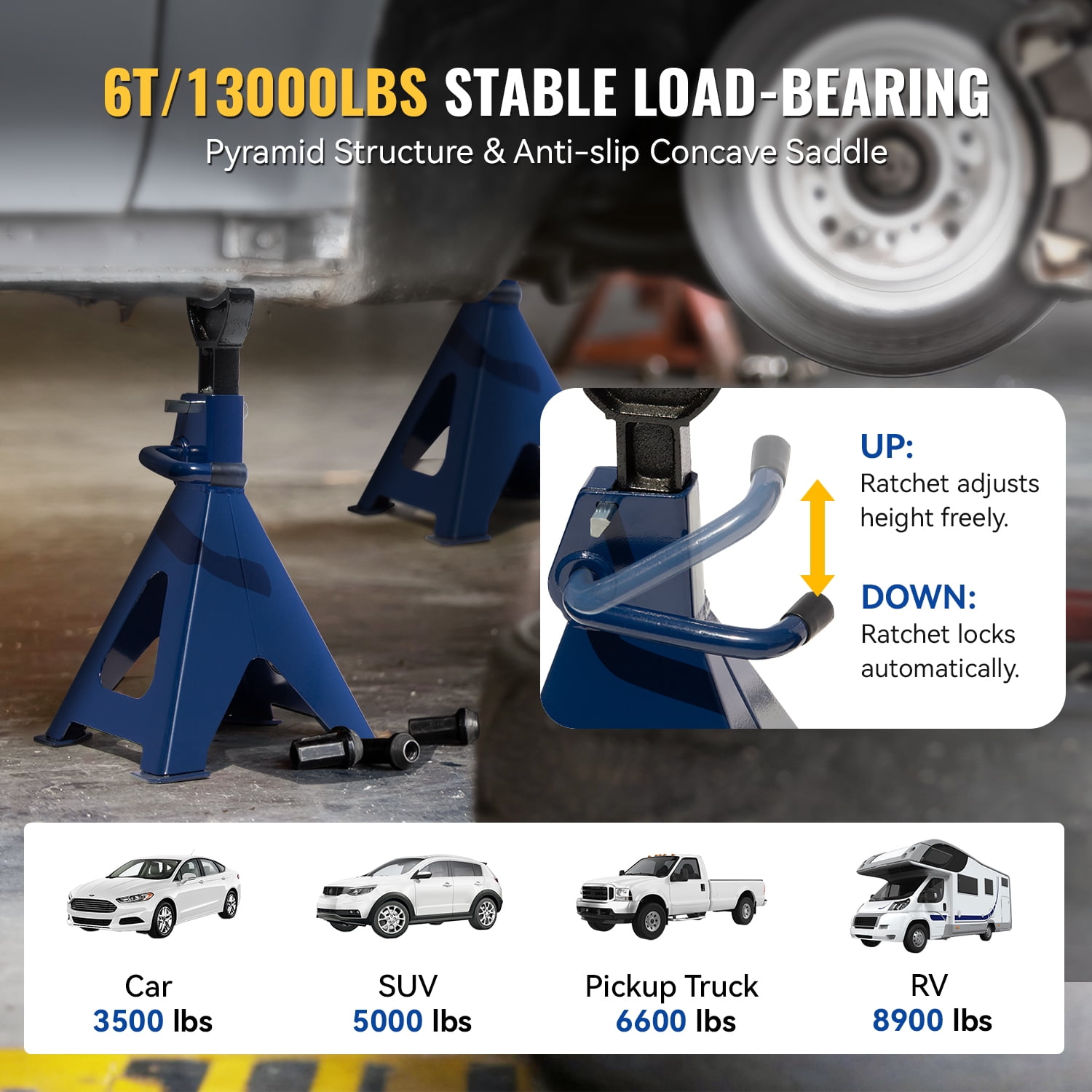 HPDAVV Jack Stands 6 Tons (13,000 lbs) Capacity, 16.7"- 23.8" Lifting Range Heavy Duty Car Jack Stands with Double Locking Pins for Garage, Repair Shop, 1 Pair