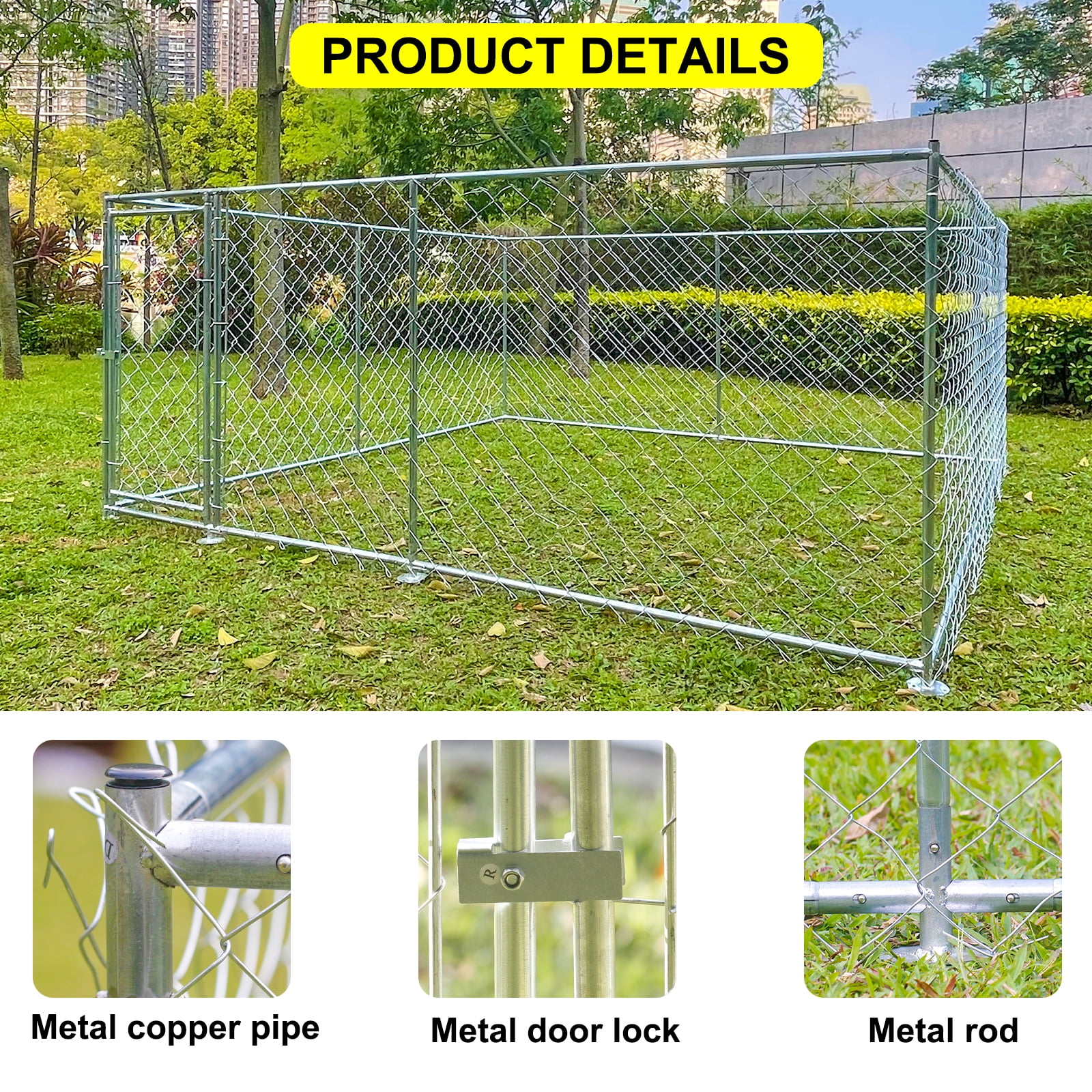 10 x 10ft Outdoor Dog Kennel Large Metal Chain Link Kennel Cage Dog Run for Backyard Pet Playpen Enclosure Lockable
