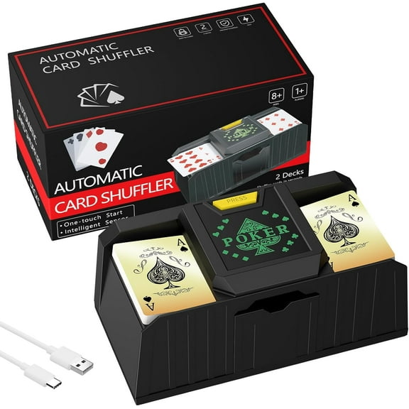 Fully Automatic Card Shuffler 2 Deck,Electronic Rapid Shuffler Machine USB/Battery Operation Lower Noise Playing Card Shuffle for UNO,Poker, Phase 10,Skip-Bo,Blackjack（Black）