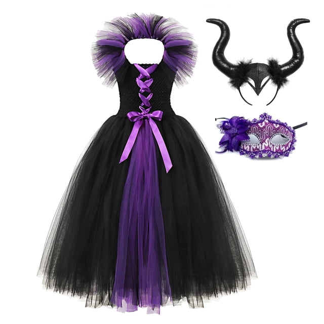 Maléfica disfraz de Halloween Cosplay niñas bautizo negro Glam fiesta graduación tutú vestido niños demonio reina bruja ropa Vestidos8-9Y Gao Jinjia LED