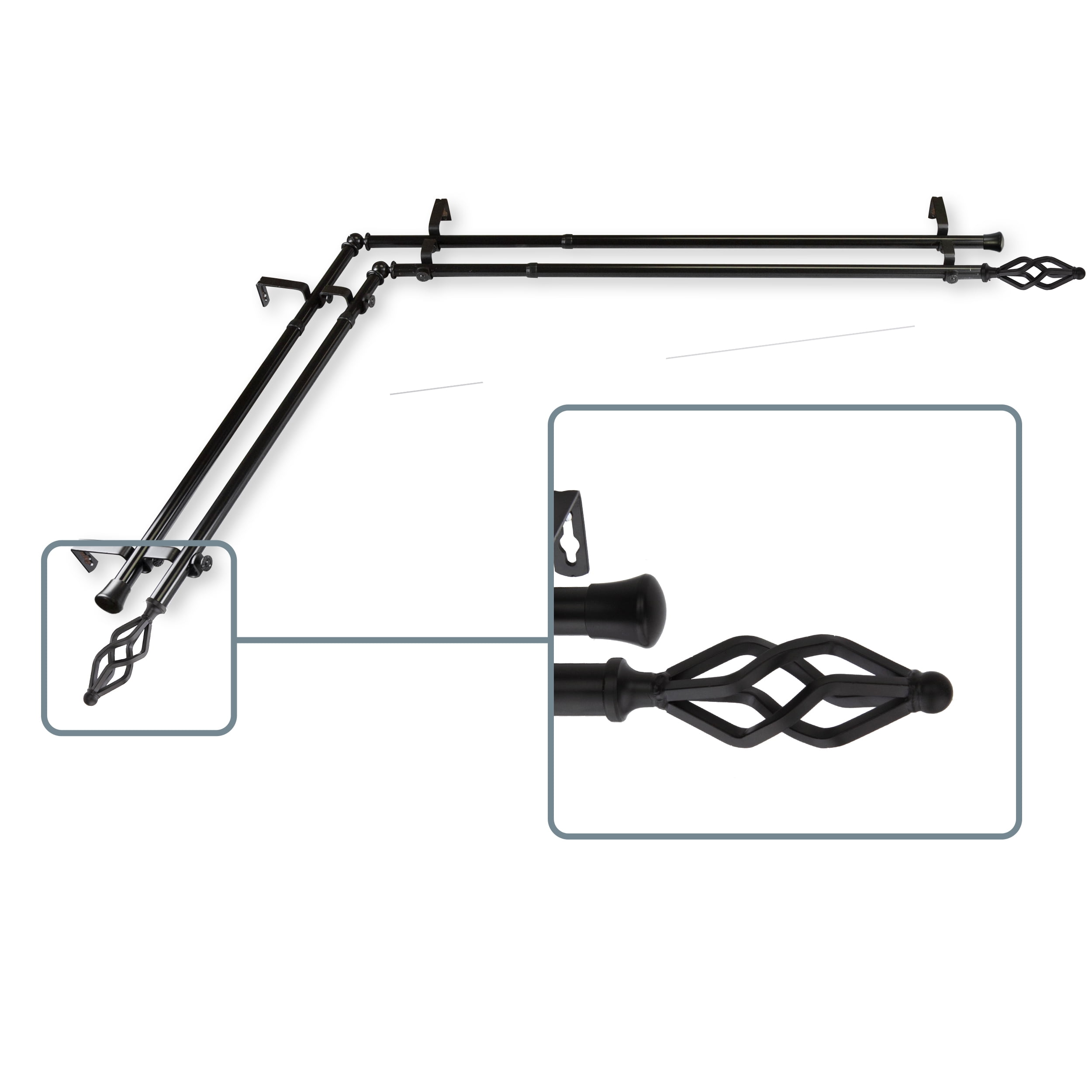 Vinci 13/16 inch Double Corner Window Curtain Rod 48-84" - Black