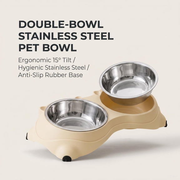Garitin Raised Double Pet Bowl, 15° Tilt Elevated Cat Dog Feeder with Removable Food‑Grade 304 Stainless Steel Bowls, Anti‑Slip Pet Food Water Bowl for Small Pets, Beige