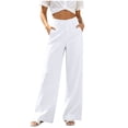thumbnail image 2 of Qulqfy Linen Pants for Women Wide Leg Baggy Casual Petite High Waisted White Button Palazzo Pants 2XL, 2 of 8