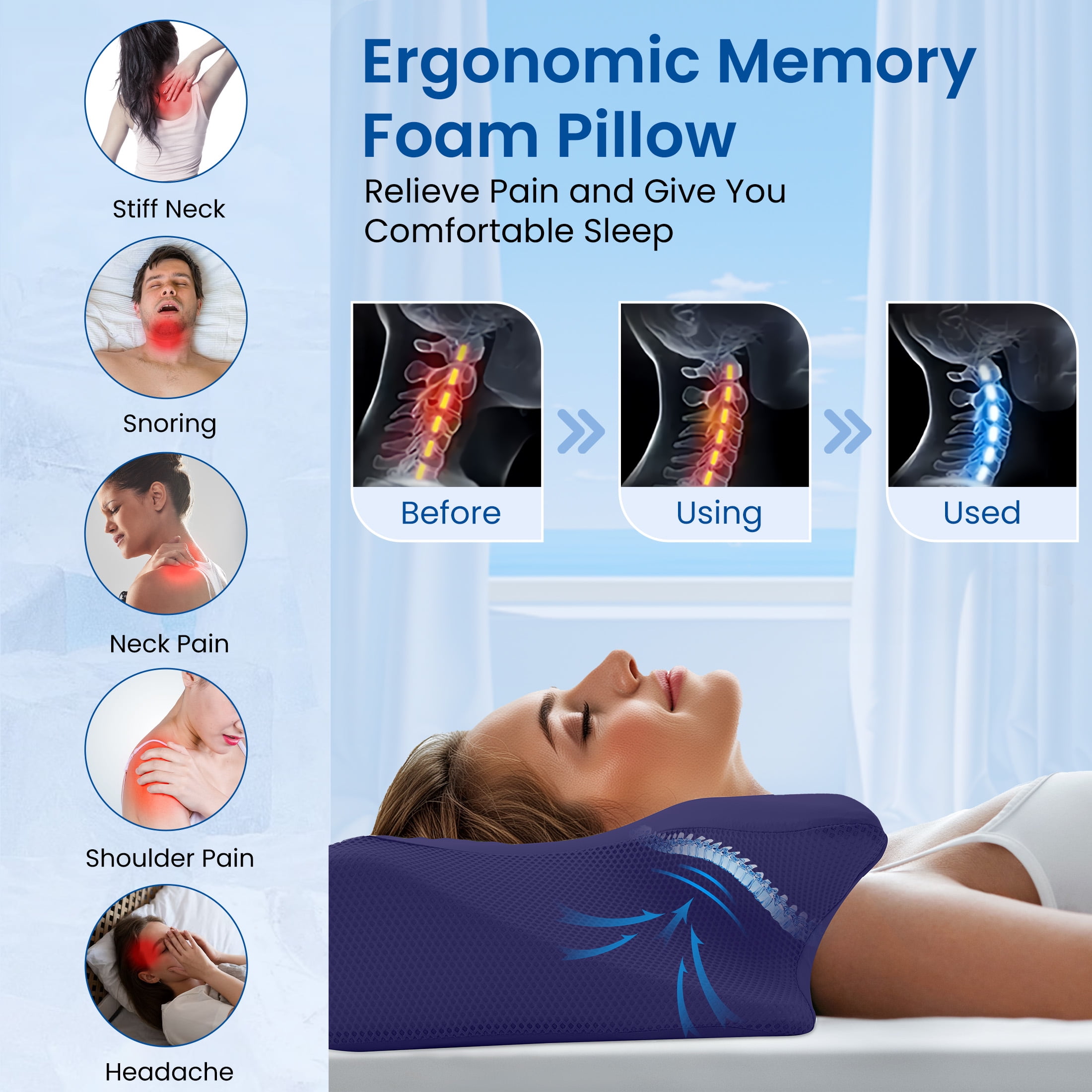 Vccoem Cervical Pillow for Neck Pain Relief, Ergonomic Hollow Design, Odorless Memory Foam Pillow for Sleeping, Orthopedic Contour Neck Support Pillows with Additional Pillowcase, Dark Blue