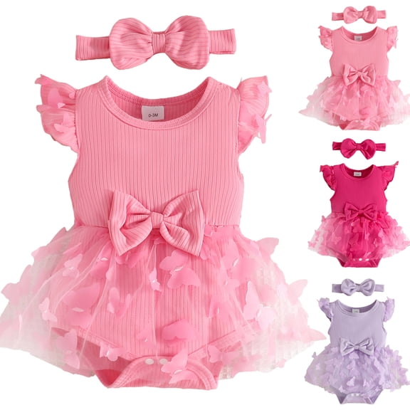 Ulanda 3-24M Infant Girl Bodysuit Dress Baby Romper Tutu Dresses Toddler Knit Tulle Skirt Birthday Holiday Outfits (Pink, 3-6 Months)