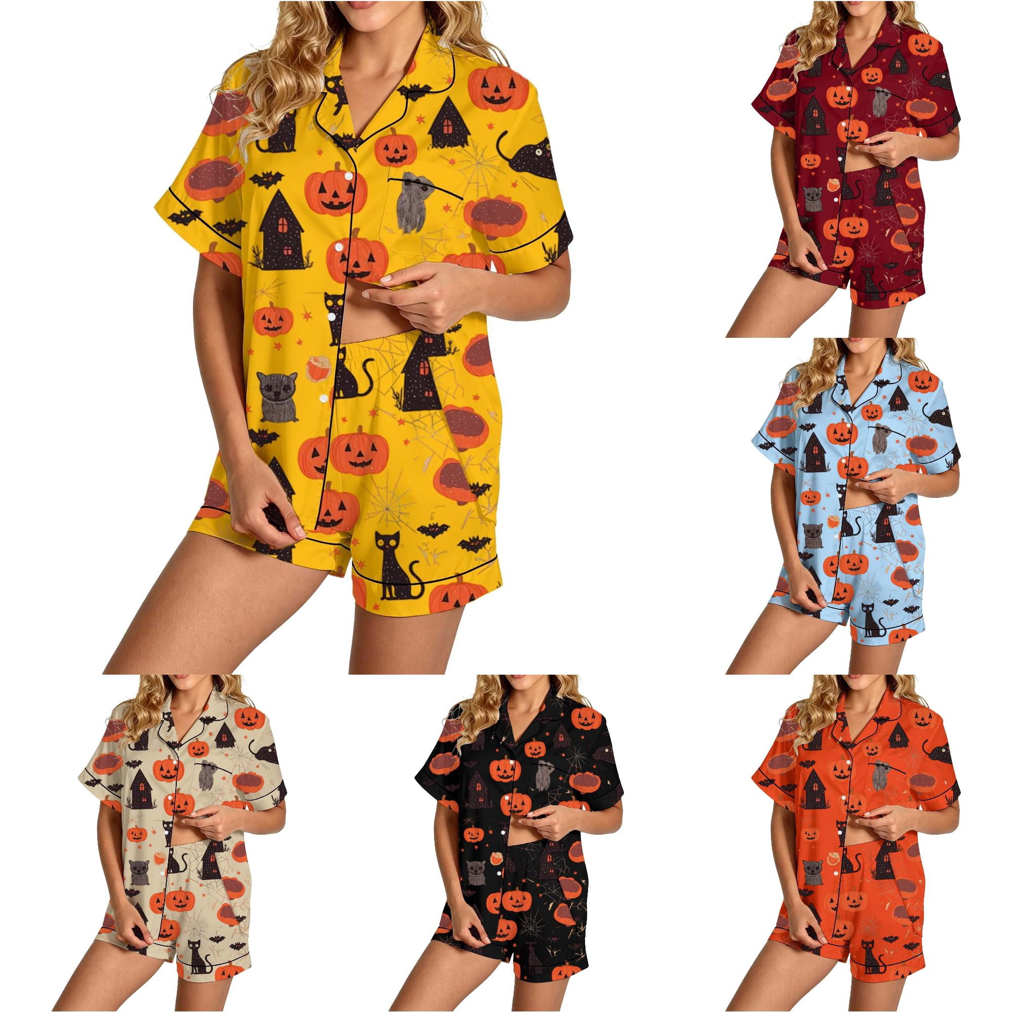 XIAOCHA Women s Roomy Homewear Set Notch Collar Short Sleeve Pumpkin Black Cat Spider Web Print Halloween Loungewear Set Sizes XL