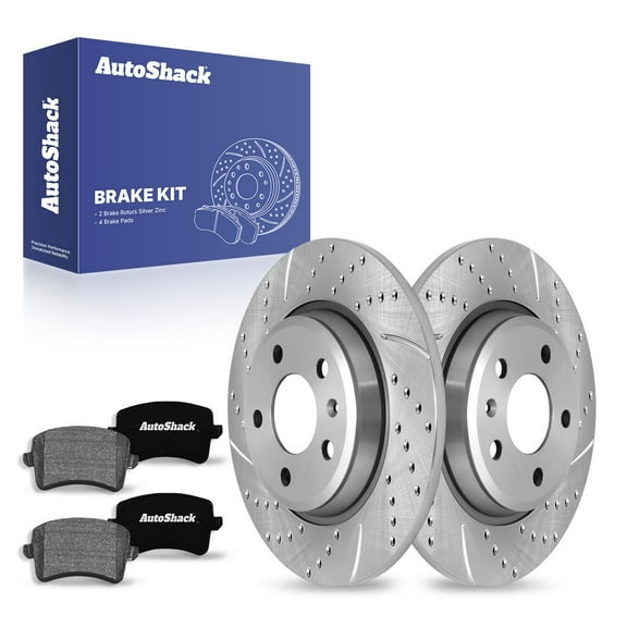 AutoShack 11.81" (299.9 mm) Rear Solid Drilled & Slotted Brake Rotors Coated   Ceramic Brake Pads | Replacement for 2009-2016 Audi A4 | Silver Zinc Coated | 6-PC Brake Kit | SilverShield Pro