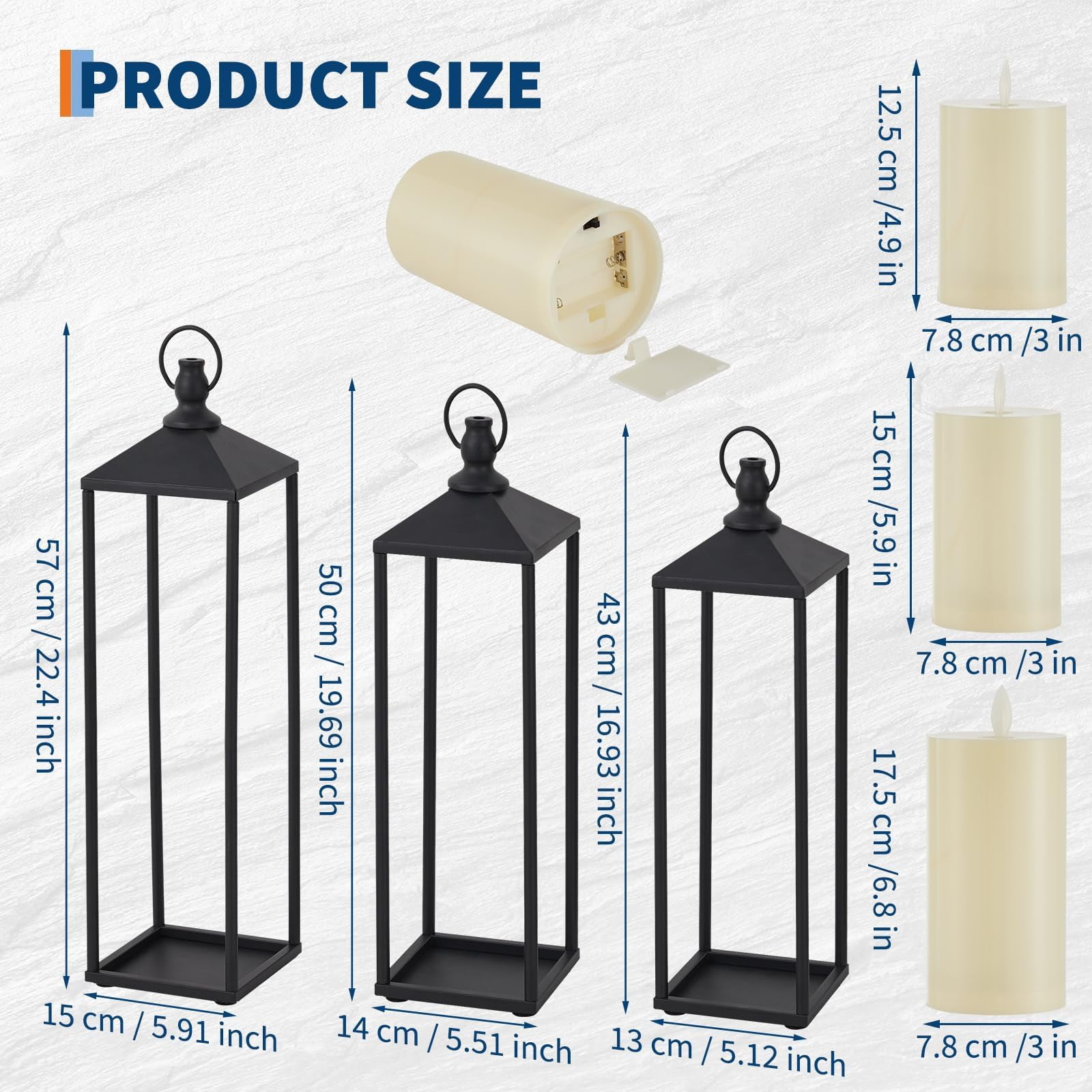 Danolapsi Modern Farmhouse Lantern, 17"+19"+22"  Set of 3 Black Candle Lanterns for Christmas Porch Decor, Outdoor & Indoor Flameless LED Candles with Remote Timer, Patio Garden Floor Decor