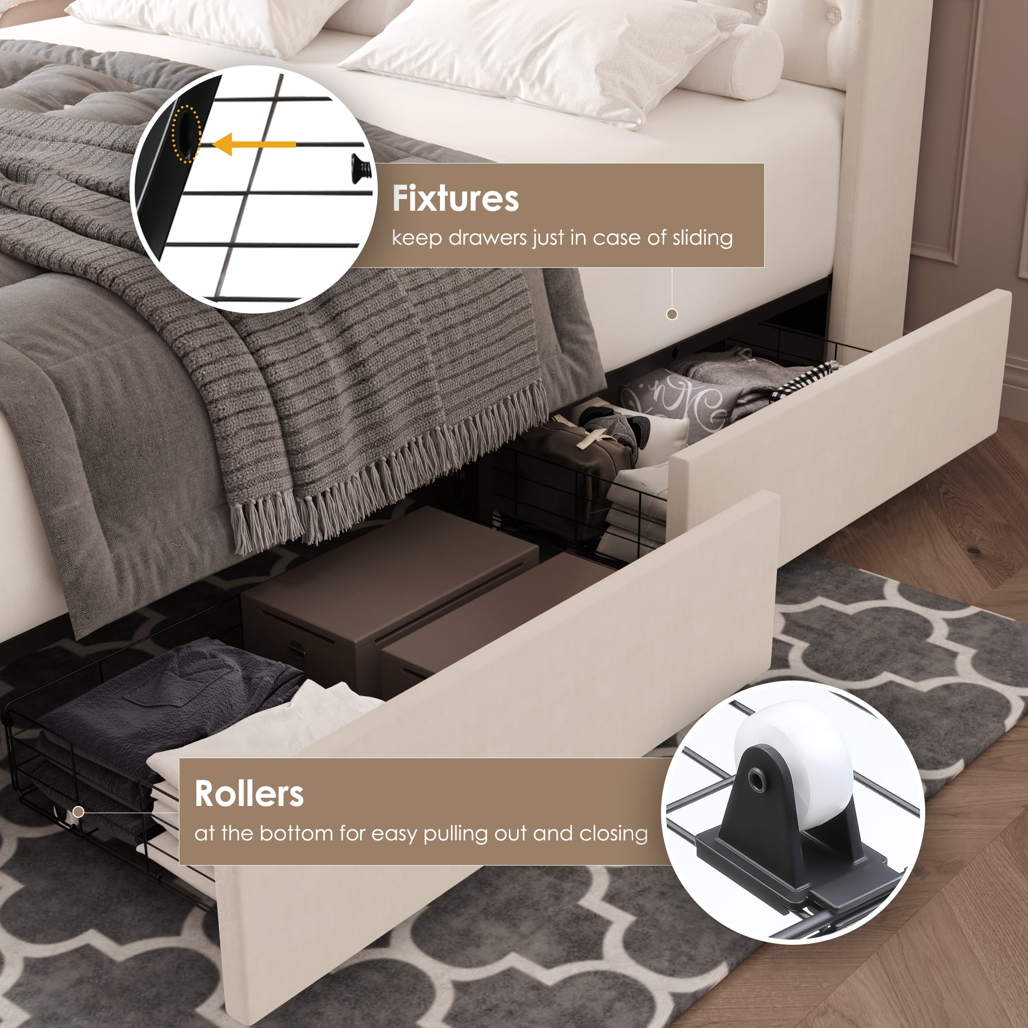 Homfa Queen Size LED Bed Frame with Outlets and USB Ports & Display Platform, 2 Storage Drawers Modern Crystal Button Tufted Upholstered Platform Bed Frame, Beige