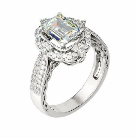 HeartsAndYou 4ct Emerald Cut Moissanite Engagement Vintage Inspired Cocktail Ring 18k White Gold over Silver