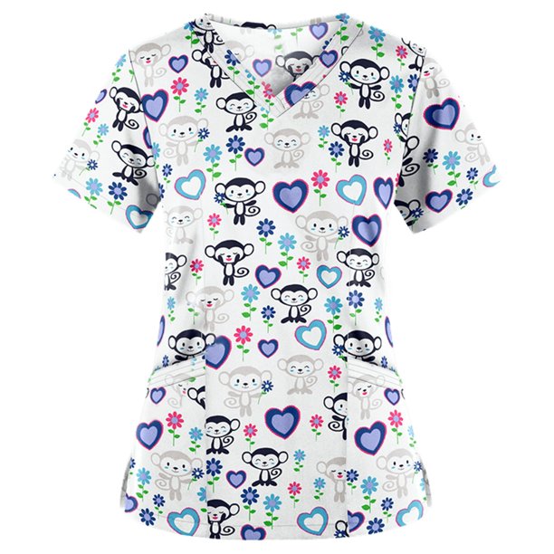 mujer manga corta cuello en v patrón de dibujos animados tops camisetas de trabajo blanco / l