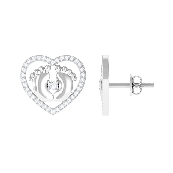 Rosec Jewels Natural Diamond Heart Stud Earrings for Women (HI-SI Quality) - Baby Feet Earrings with Screw Back - Ready to Gift, 925 Sterling Silver