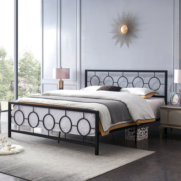 King Size Bed Metal Platform Bed Frame with Modern and Vintage Style Headboard,No Box Spring Need,Easy Assembly,Noise-Free in Black