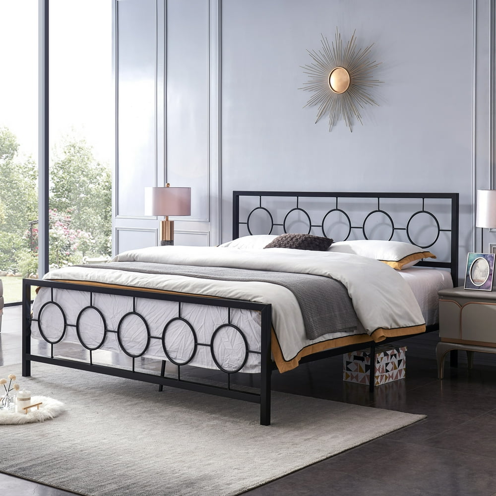 Noble House Ewelina Modern King-Size Iron Geometric Low-Profile Bed