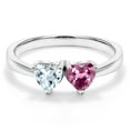 thumbnail image 3 of Gem Stone King 925 Sterling Silver Aquamarine and Pink Tourmaline Women Ring (0.82 Cttw, 2 Heart Shape 5MM, Gemstone Birthstone, Size 6), 3 of 5