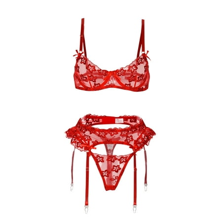 

BIZIZA Women Sexy Lingerie Sets Embroidered Lace with Garter Belt 2 Piece Underwire Babydoll Bra and Panty Set Red L