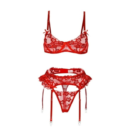 

BIZIZA Lingerie for Women Sexy Fishnet Mesh Two Piece Womens Ruffle with Garter Bra and Panty Sets Sexy Floral Sleepwear for Women Red L