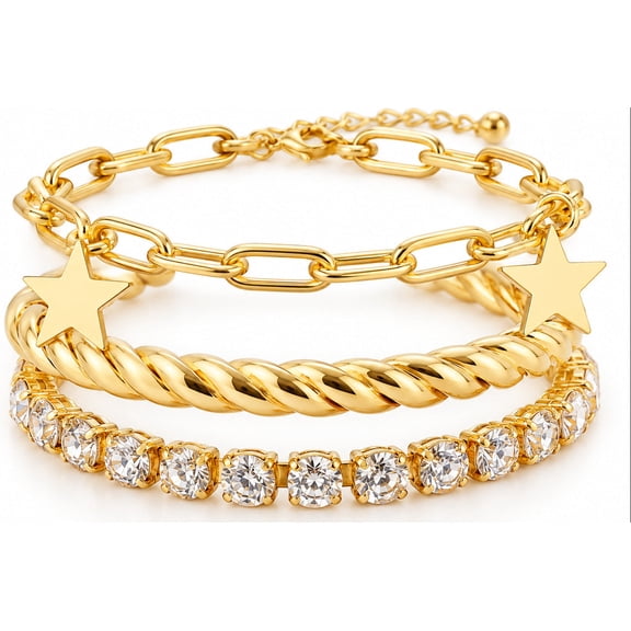 Women’s Gold-Tone 3-Piece Bracelet Set with Rhinestone Tennis, Twisted Rope & Star Charm Bracelets