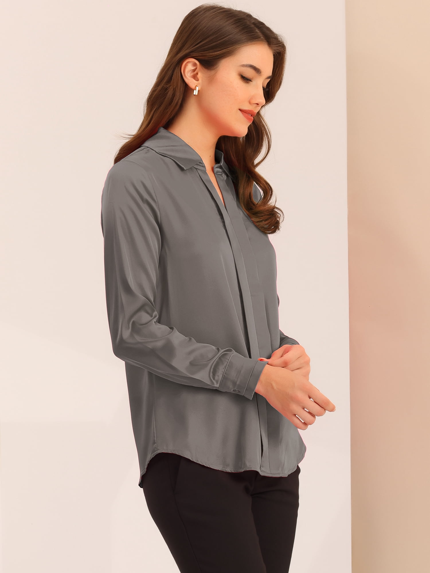 DARING DIVA Women's V Neck Classic Work Office Long Sleeve Shirt M Gray