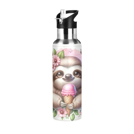 

Water Bottles 20oz Straw Lid Wide Mouth Stainless Steel for School Sport Travel Cute Sloth with Ice Cream