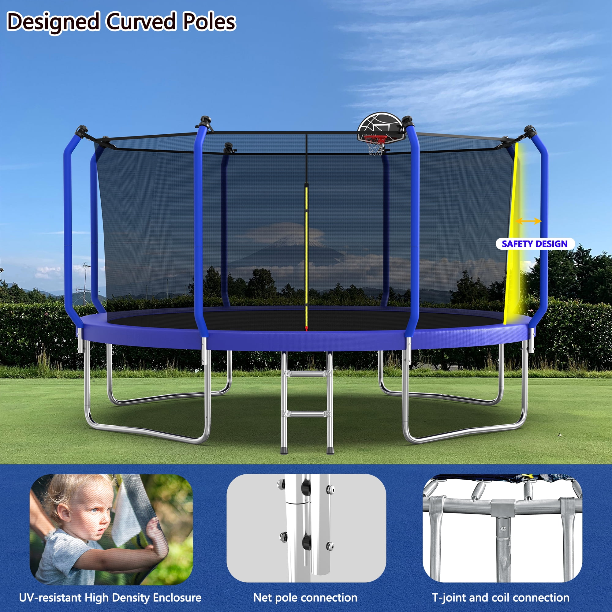 Aukfa 14 FT Trampoline with Safety Enclosure, Basketball Hoop & Ladder, Heavy-Duty Outdoor Jumper for Kids & Adults, Blue