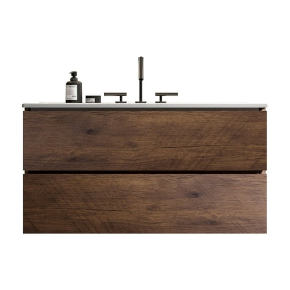 36" Wall-Mounted Floating Bathroom Vanity with Ceramic Sink, Double Soft-Close Drawers, E1 Grade Eco-Friendly MDF, Handle-Free Contemporary Design for Modern Bathrooms, Pre-Assembled Walnut Finish