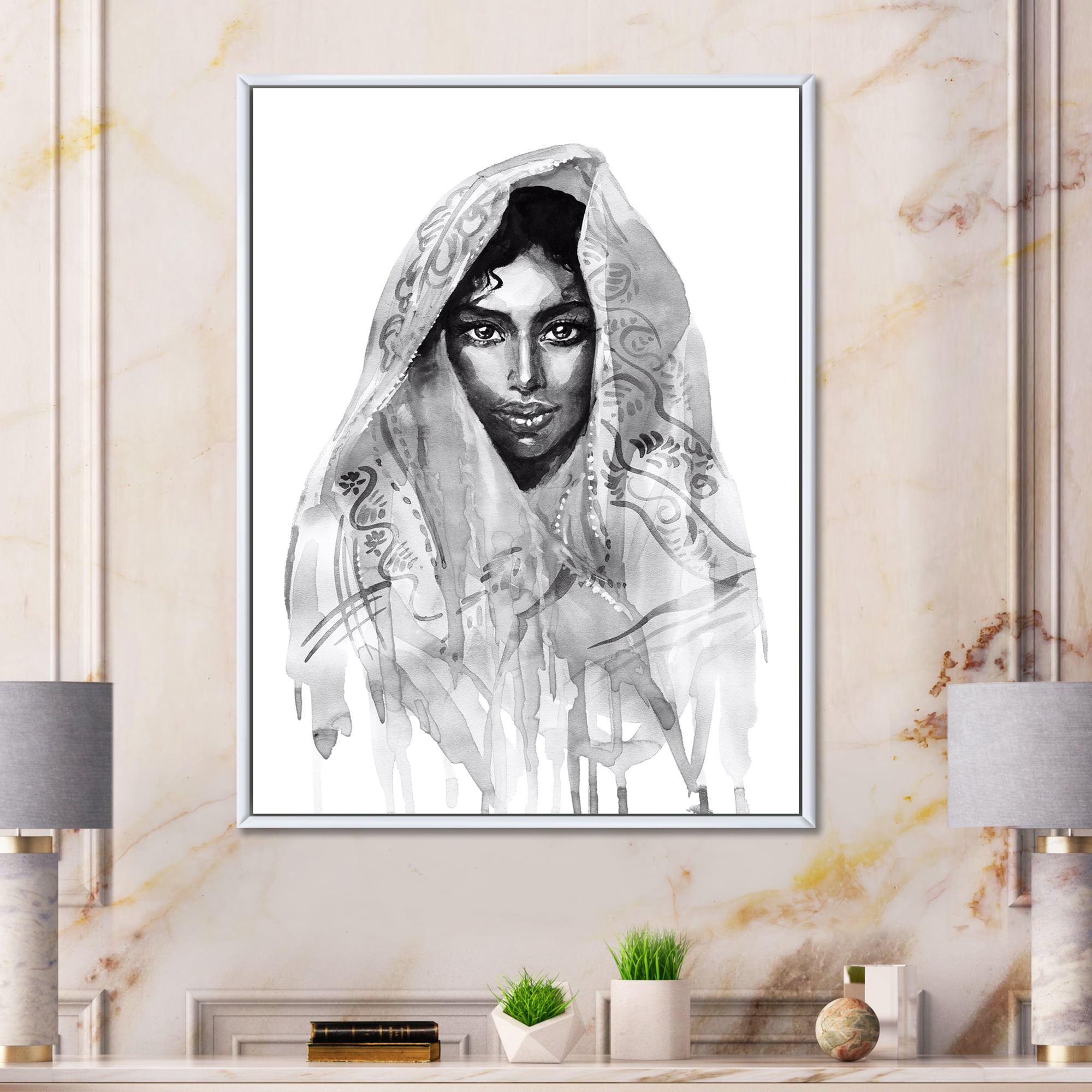 Designart 'Black and White Portrait of Young Indian Woman I' Modern Framed Canvas Wall Art Print