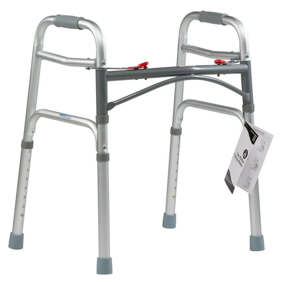 Dynarex Junior Two-Button Folding Walker is a Foldable Stand-Up Walker with Tool-Free Adjustable Height up to 32” & 350 Pound Weight Capacity, Silver, 1 Walker