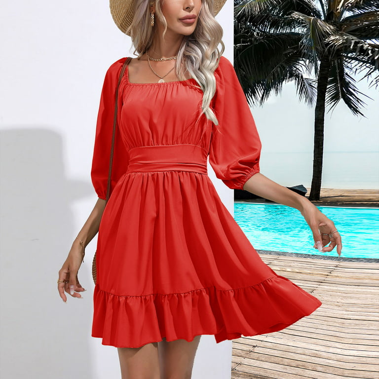 Herrnalise Summer Dresses for Women 2023 Trendy Square Collar Puff Sleeve  Short Tab Sleeve Tie Backless Ruffle A-Line Dress Design Solid Color  Shapewear Stretchy Romper Jumpsuits For Women Red 