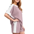 thumbnail image 3 of WAYUTE Womens Shorts Set Plus Size Casual Summer Patchwork Color Short Sleeve T Shirt and Shorts Athletic 2 Piece Sports Outfit Outfit Sets, 3 of 7