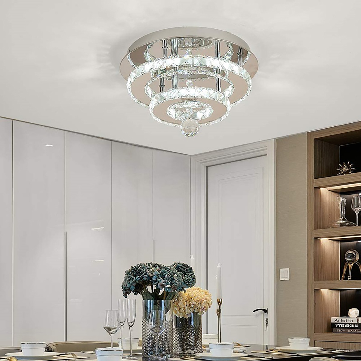 SINGES 2 Rings Modern Crystal Ceiling Light Flush Mounted, 12 inch LED Chandelier Pendant Linghting Fixtures Home Decor - image 2 of 6