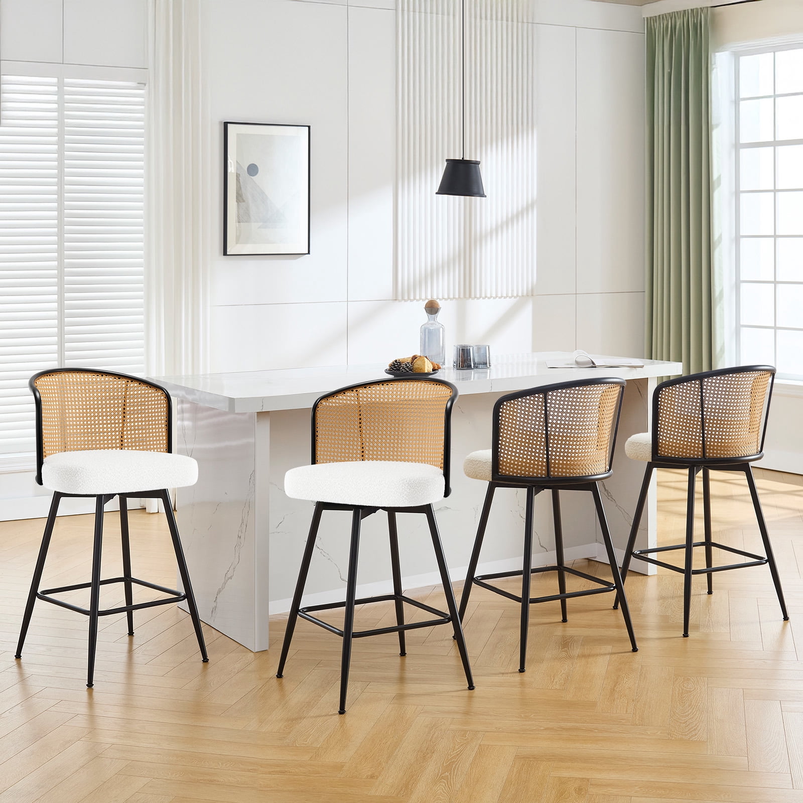 Foreate Cane Swivel Barstools Set of 3, 26" Seat Counter Height w/ Rattan Mid-Back Metal Legs, Upholstered Boucle Fabric Modern Armless Bar Stools Chairs for Kitchen Island Pub