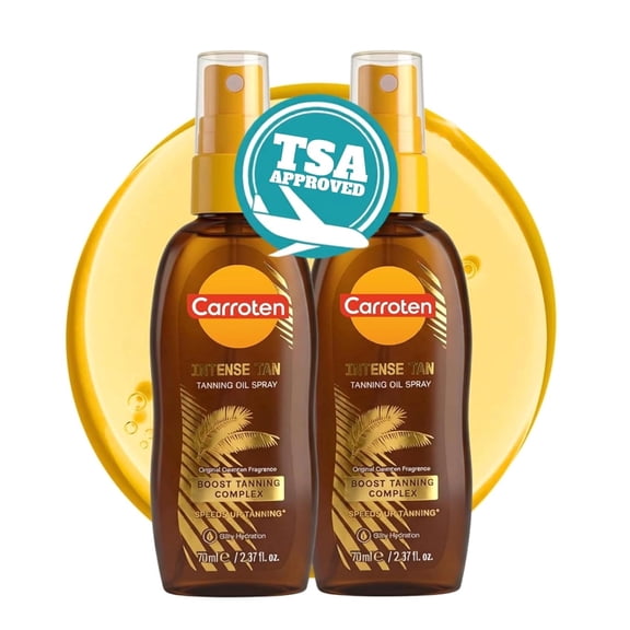 Carroten Intense Tanning Oil Spray | Travel Size Browning Tan Accelerator | Vitamin E, Carrot & Coconut Oils | Water-Resistant, Silky Hydration | Made in Greece | TSA Approved | 2 Pack, 2.3 oz Each