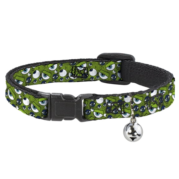 Disney Breakaway Cat Collar With Bell, Plastic Clip, Easy Adjustable, Monsters Inc Eye Collage Weathered Greens Blues, 8.5 to 12 Inches 0.5 Inch Wide