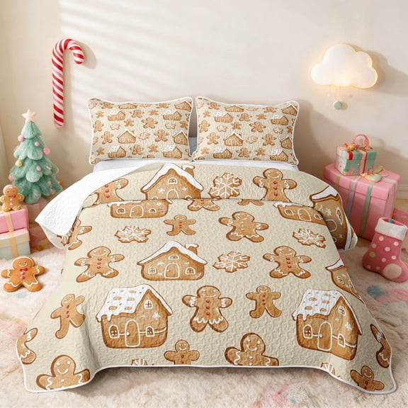 Manfei Gingerbread Twin Quilt Set Christmas Twin Coverlet Set, Green White 2pcs 1 Bedspread and 1 Pillowcase