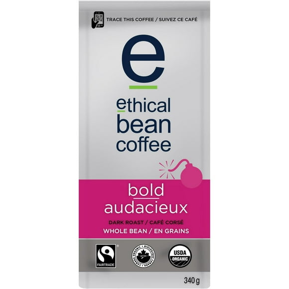 Ethical Bean Fairtrade Organic Coffee, Bold Dark Roast, Whole Bean Coffee, 340g