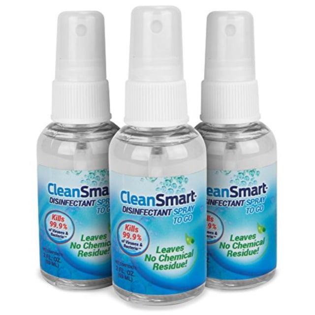 cleansmart to go disinfectant. kills 99.9% of viruses, bacteria, germs, leaves no chemical residue, contains no harsh chemicals. great to clean cpaps, disinfect cpaps. 2oz spray, 3pk travel size
