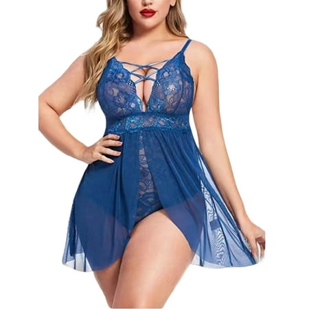 

Capreze Ladies Nightdress Plus Size Chemise Solid Color Teddy Lingerie Sleeveless Women Mini Floral See Through Adjustable Strap Blue XL