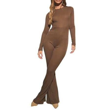

Women Romper Long Sleeve Round Neck Backless Solid Color Jumpsuit