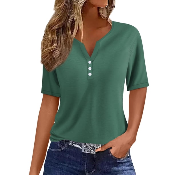 Camiseta de Mujer Camiseta Estampado Botón Manga Corta Diario Fin de Semana Moda Básica Cuello en V Regular Top Verde Oscuro/L