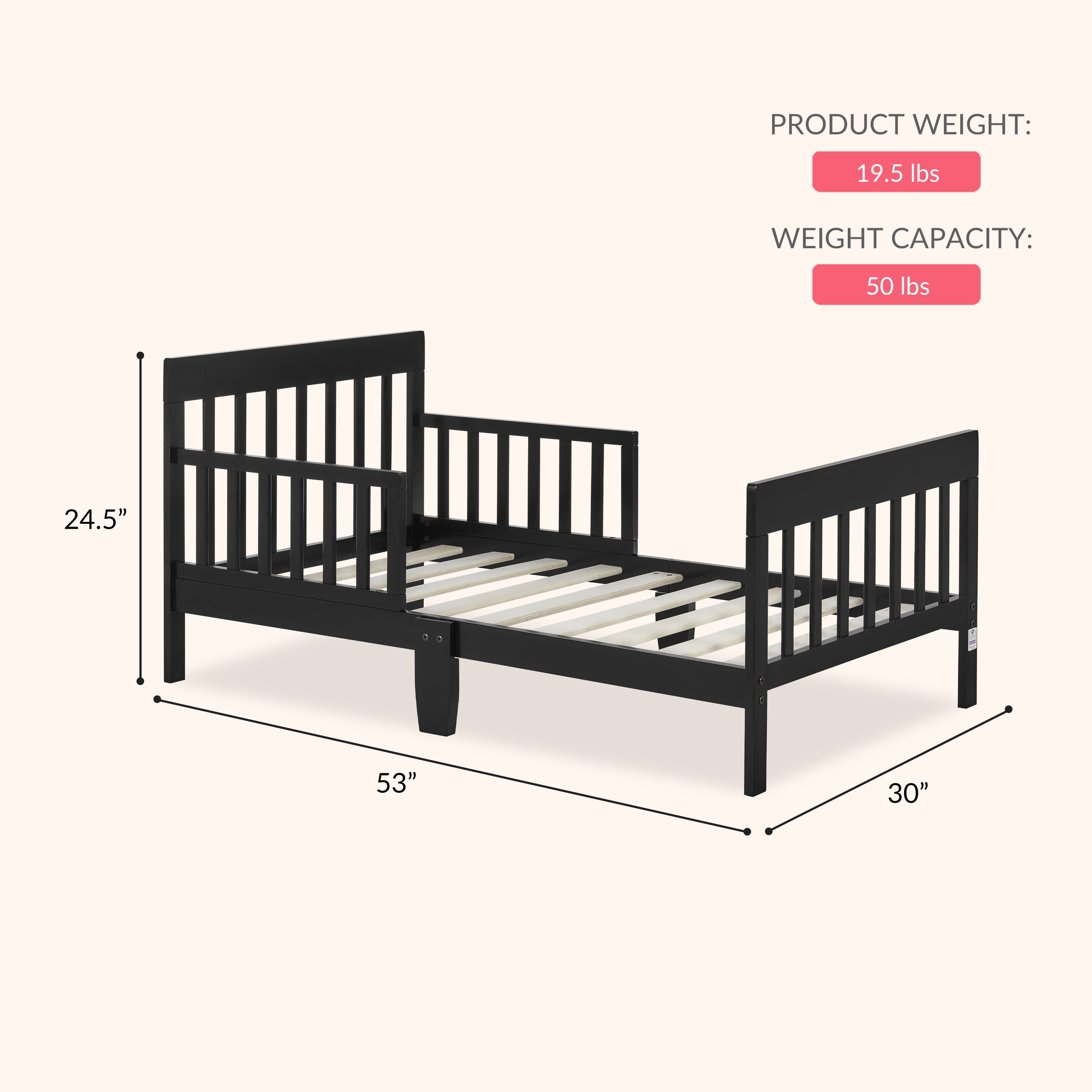 Dream On Me Finn Toddler Bed, Black, Pinewood, Certified Safe