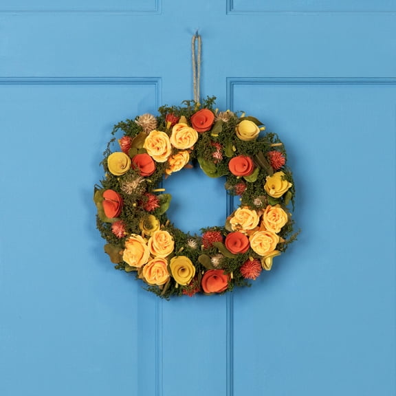 Northlight 12.5" Unlit Peach/Yellow Flowers with Moss and Twig Artificial Floral Spring Wreath