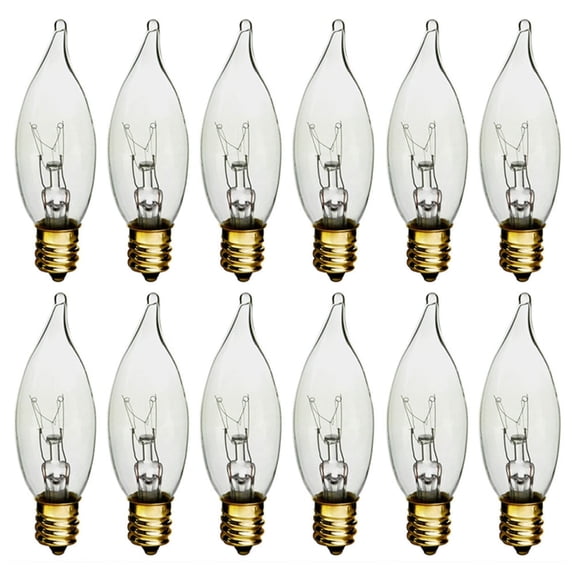 12 Pc Candelabra Night Light Bulbs 25 Watt Clear Flame Tip 120V Decor Chandelier