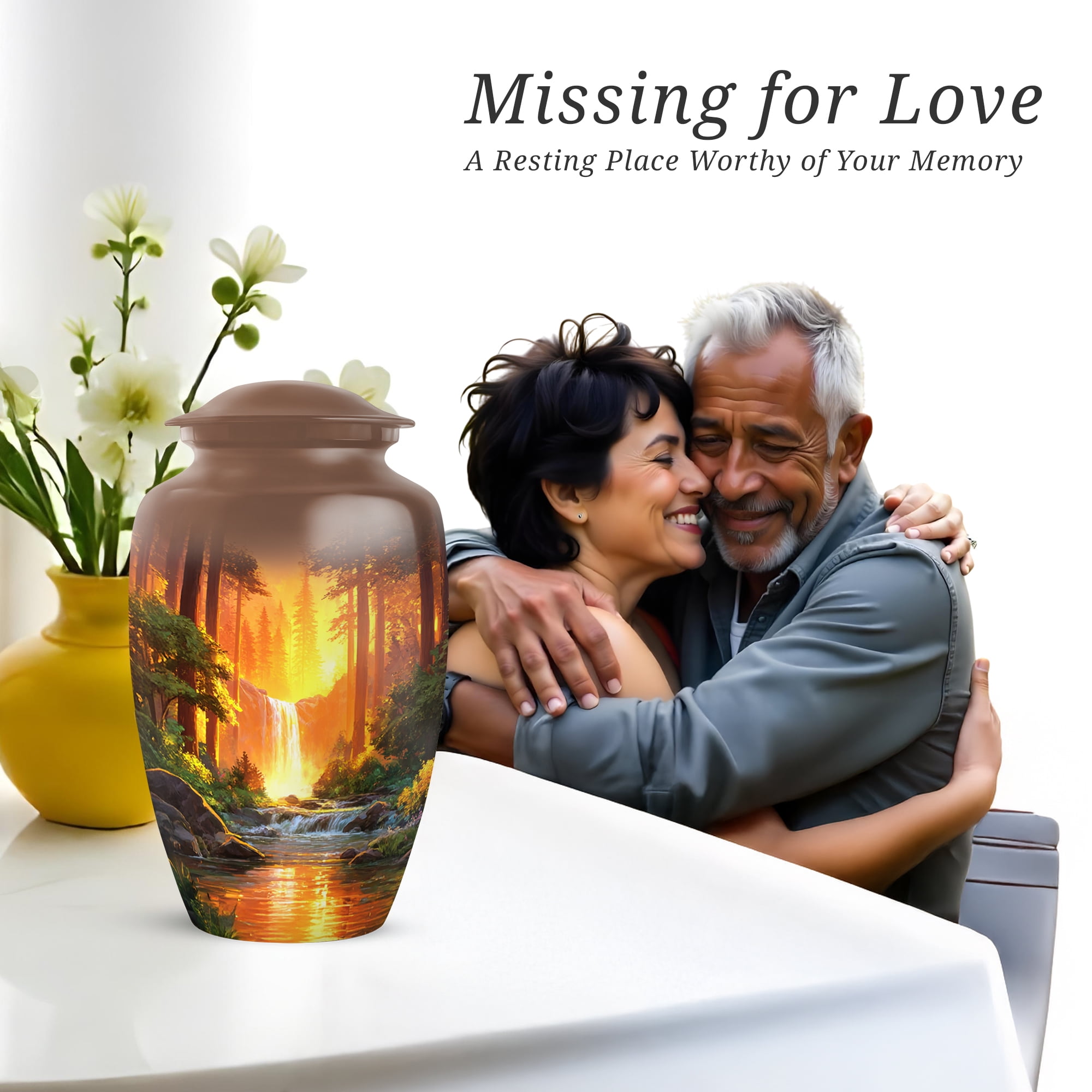 Waterfall Funeral Urn For Adult Mother, Cremation Urn For Human Ashes Large Adult, Burial Urns For Ashes Male, Brown Urns For Male And Female, 10 Inch
