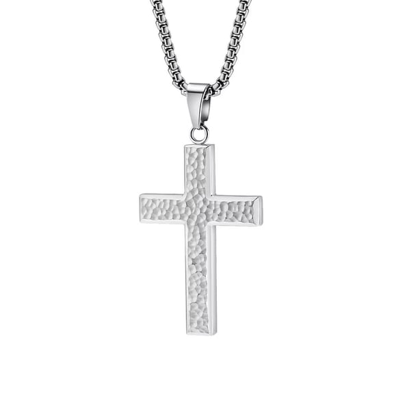 PAMTIER Unisex Stainless Steel Domineering Punk Irregular Hand Hammer Pattern Cross Pendant Amulet Crucifix Necklace Simple Jewelry Silver 23.6" Chain