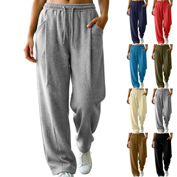 Vhkiploz Plus Size Wide Leg Joggers for Women's Drawstring Everyday Trousers Solid Color Sporty Workout Athletic Pants