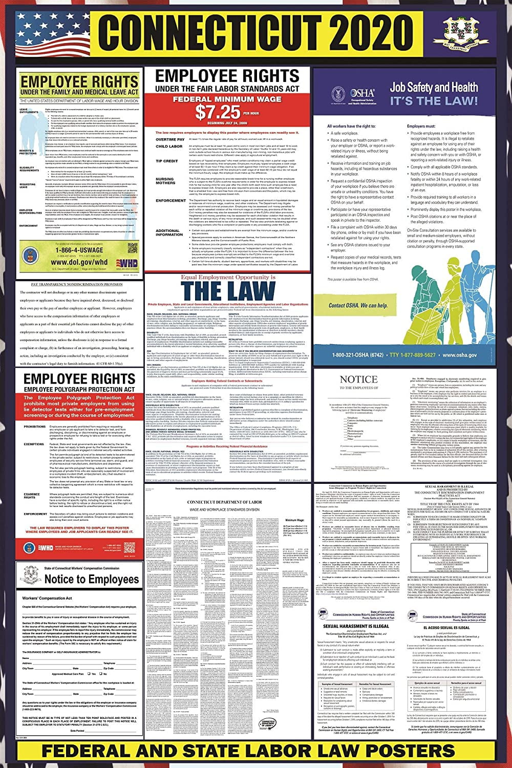 2020 Connecticut (CT) State Labor Law Poster State, Federal and OSHA Compliant Laminated